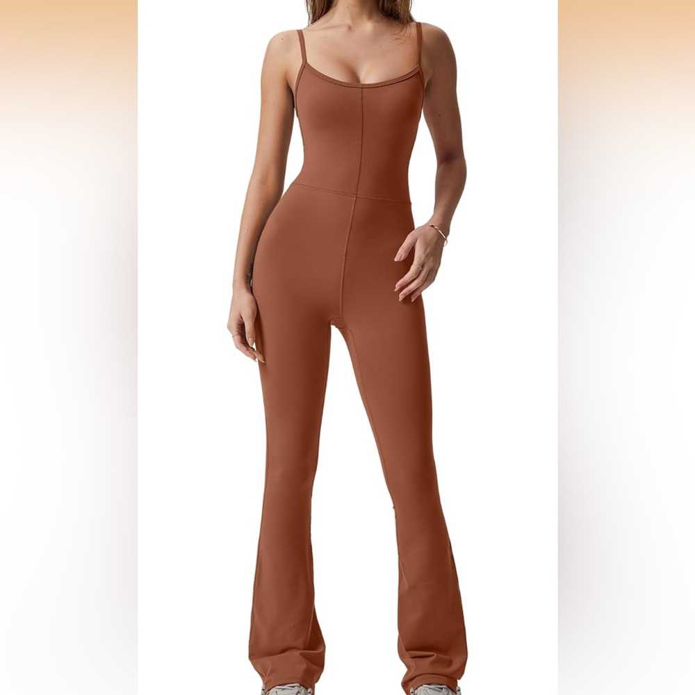 QINSEN Flare Jumpsuits for Women Spaghetti Straps Scoop Neck Bodycon Full Length
